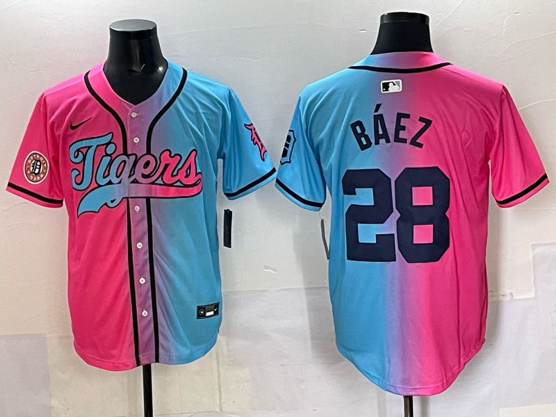 Men 2025 Detroit Tigers #28 Baez Blue pink Game Nike MLB Jersey style 02->detroit tigers->MLB Jersey